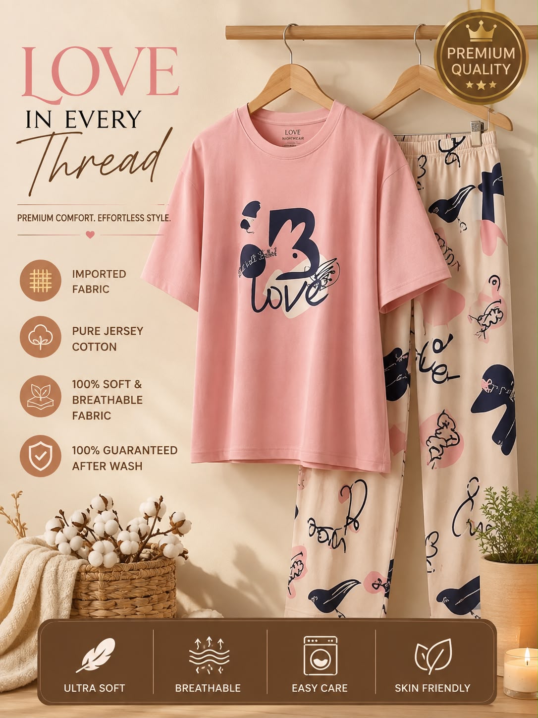 🎁 Premium Love Print Night Suit Set – Trendy & Comfortable 💖